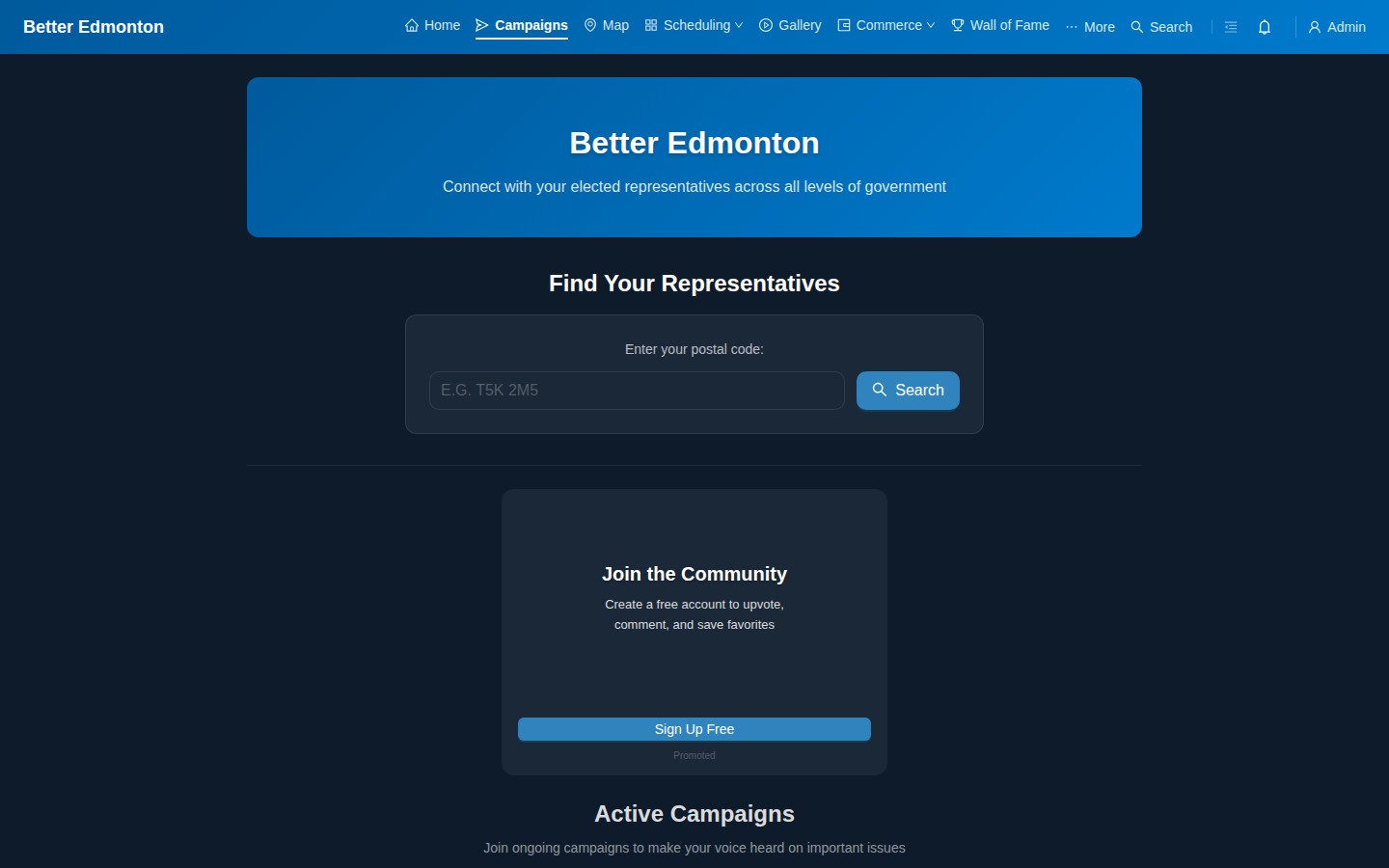 Public campaigns page with postal code representative lookup and email advocacy